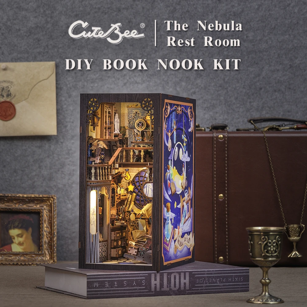 cutebee-diy-book-nookキット3d木製ドールハウス本棚装飾insert-ley-minihouse-with防塵ledライトbooknook