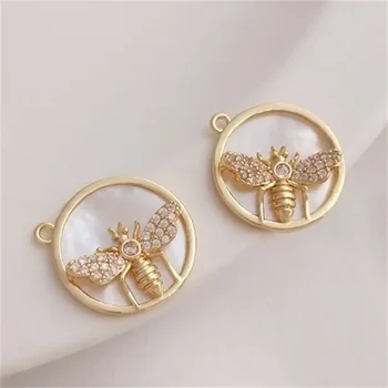 어머니 쉘 동전 펜던트, 14K 금 지르콘 꿀벌 펜던트, DIY 팔찌 목걸이, 쥬얼리 참 펜던트 K299