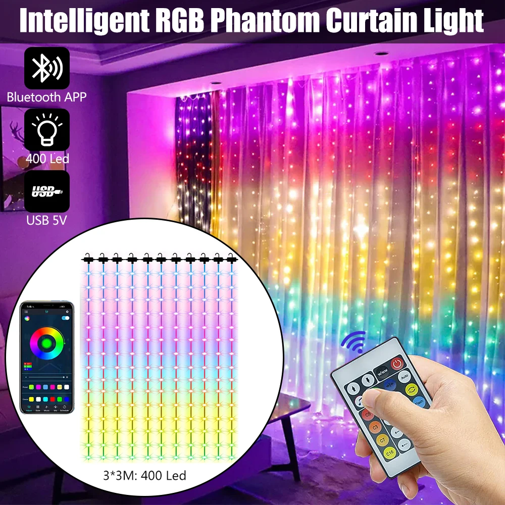 New arrival Intelligent Bluetooth RGB Phantom Curtain Light Decorative Light String DIY Festival Atmosphere Light