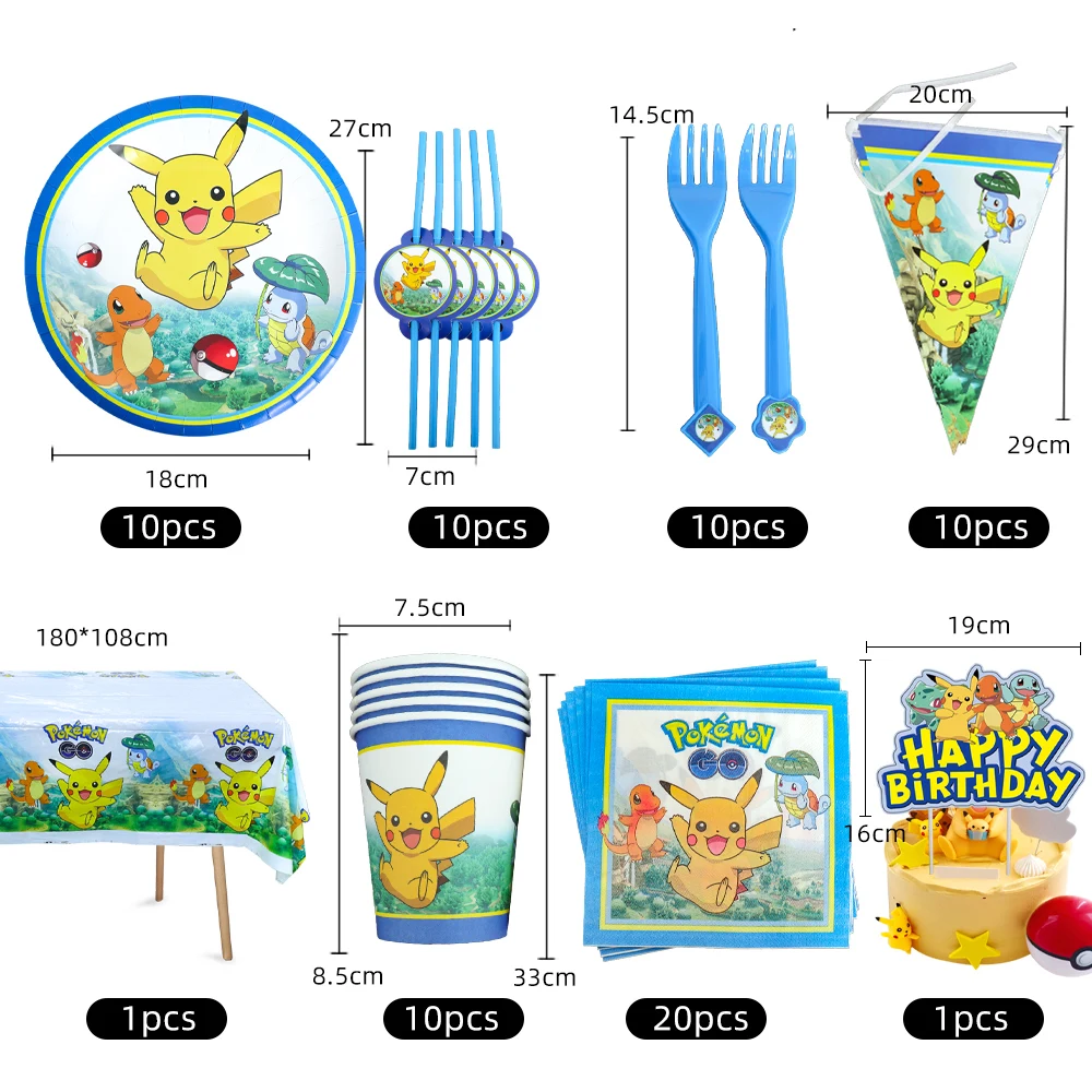 TAKARA TOMY Pikachu Pokemon Birthday Decoration Disposable Cutlery Cup Plate Napkin Tablecloth Bag Baby Shower Party Supplies