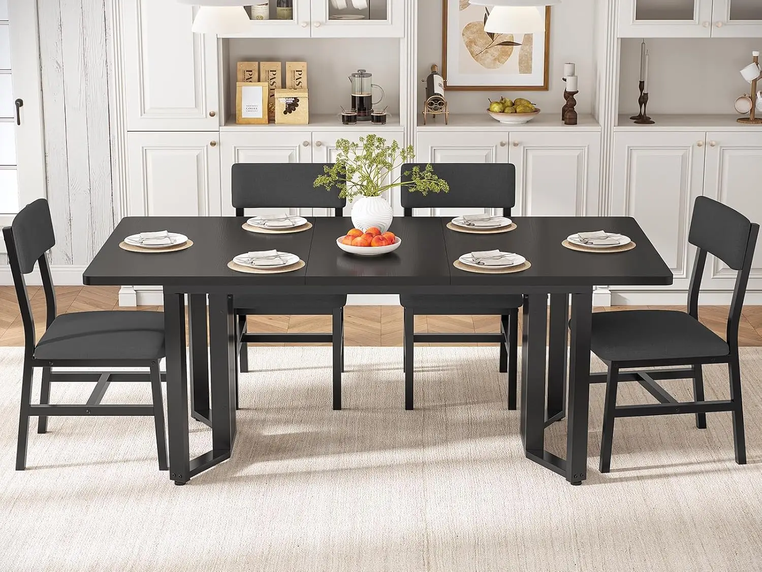 5-Piece Dining Table Set for 4-6 People, 63" Extendable Kitchen Table and 4 Cushion Chairs, Dining Room Table with MDF Board