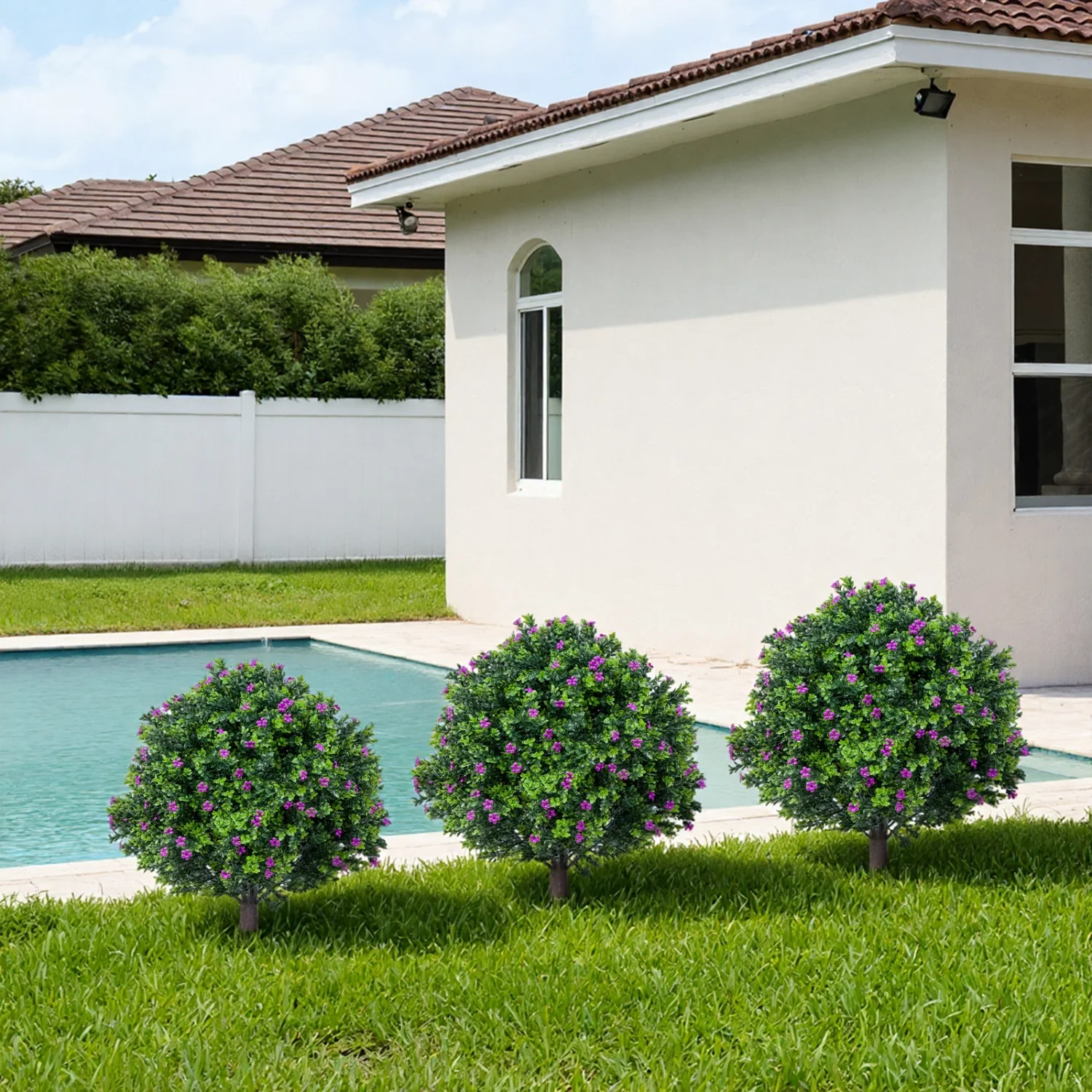 2Pcs Artificial Boxwood Topiary Ball Trees with Flowers, Fake Outdoor Shrubs with Ground Spikes, Faux Plants for Garden Decor
