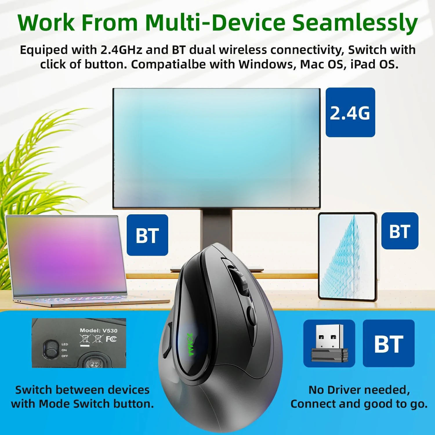 2.4G&Bluetooth Dual Mode RGB Rechargeable Wireless Vertical Ergonomic Mouse 5 Side Buttons For Computer Notebook Laptop,Android wireless mouse
