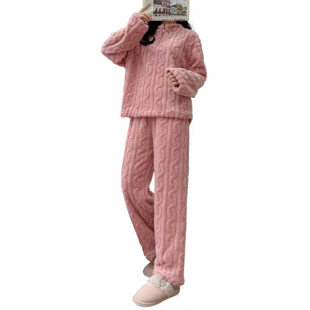 2 Pcs/Set Unisex Winter Pajamas Set Stand Collar Solid Color Zipper Closure Thickened Coral Fleece Homewear Coat Pants Set Loose