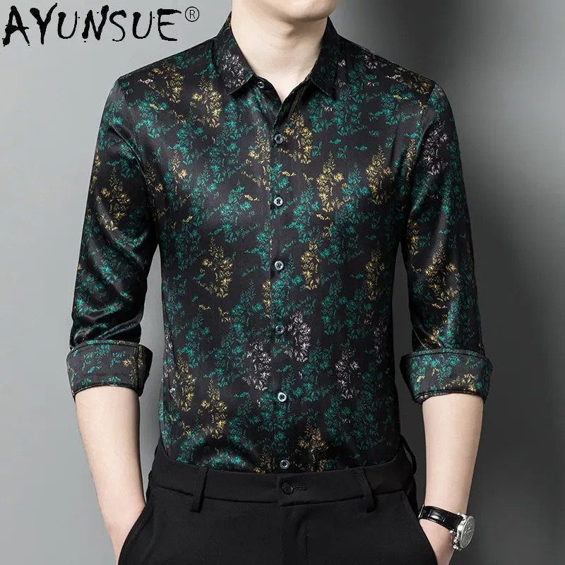 

92.5% Mulberry Silk Heavyweight Real Silk Shirts for MenLong Sleeved Men's Clothing Loose Printed Shirt Black Camisas De Hombre