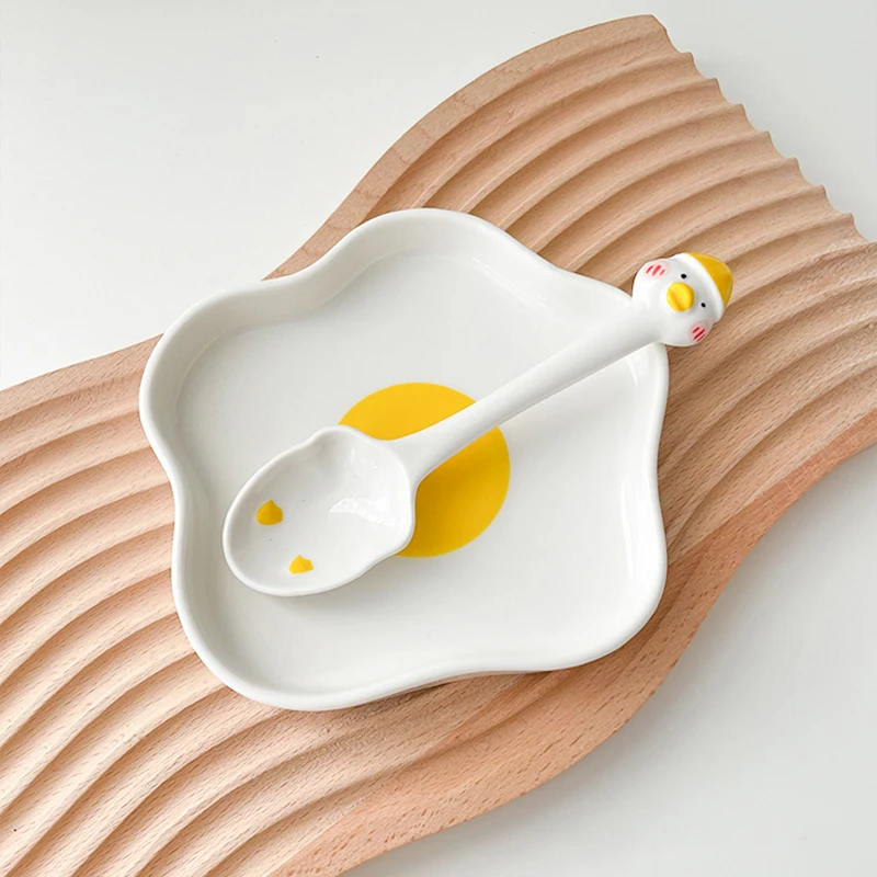 Ins Eierteller für Lebensmittel Keramik Kawaii Frühstück Kuchen Obst Dessert Salat Dekorative Gerichte mit Löffel Küchengeschirr_voghion.com