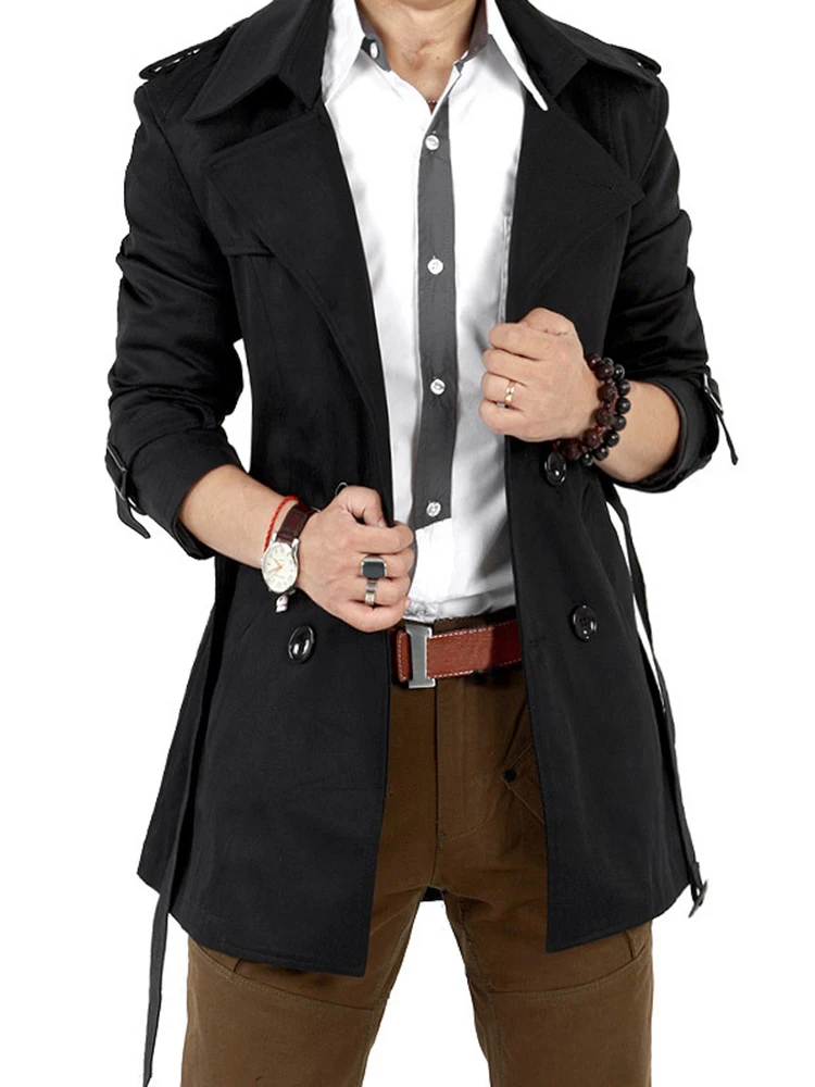 Aelegantmis Black Trench Coat Men Casual Slim Long Men's Coats Autumn Double-breasted Trench Male Windbreaker Fashion