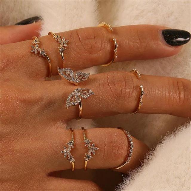 Punk Gothic Butterfly Snake Chain Ring Set for Women Black Dice Vintage Silver Plated Retro Rhinestone Charm Charm Jewelry