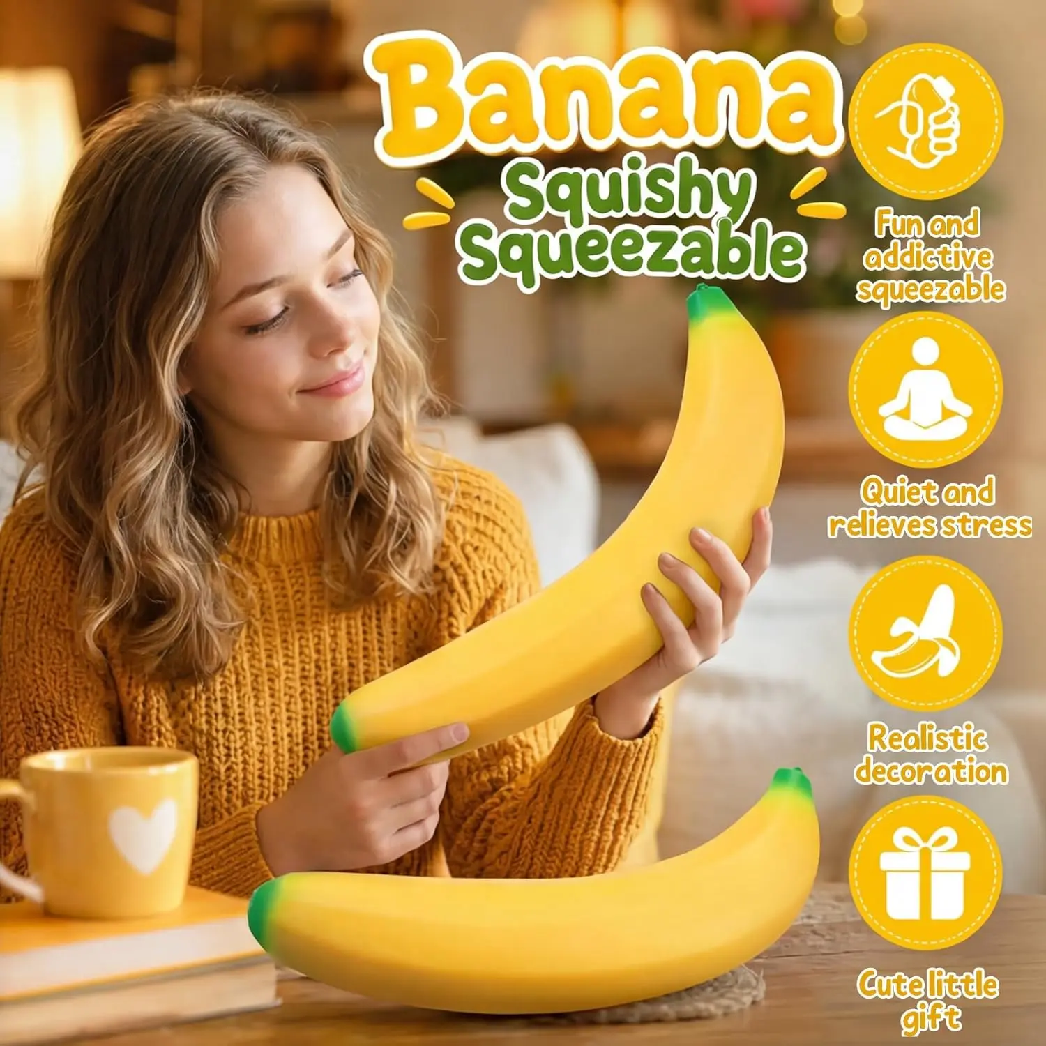 Banana Squishy, Jumbo Squishy Banana Giant Big Realistic Bananas Moldable Soft Squishys Slow Rising Stress Ball for Anxiety Stress Party Favor for Adults (18IN Banana) 6