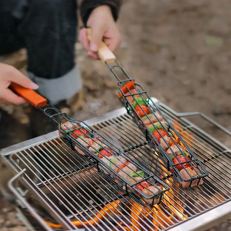 Portable BBQ Grilling Basket Stainless Steel Nonstick Barbecue Grill Basket Tools Grill Mesh for Meat Hamburger Barbecue Tools
