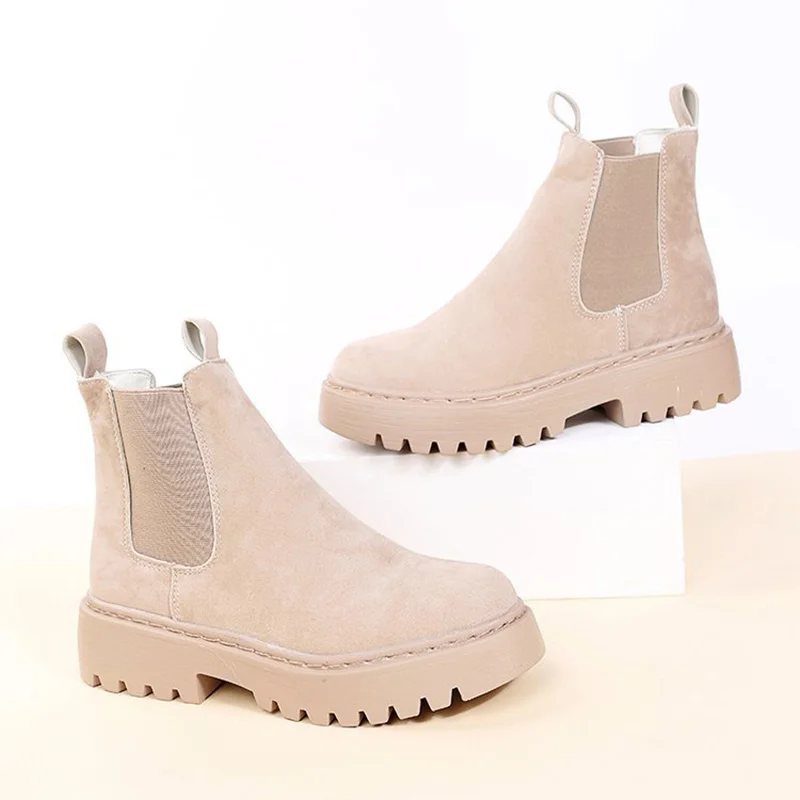 Fashion Women Chelsea Boots Solid Color Chunky Boots Winter PU Ankle Boots Black Female Autumn Fashion Platform Booties