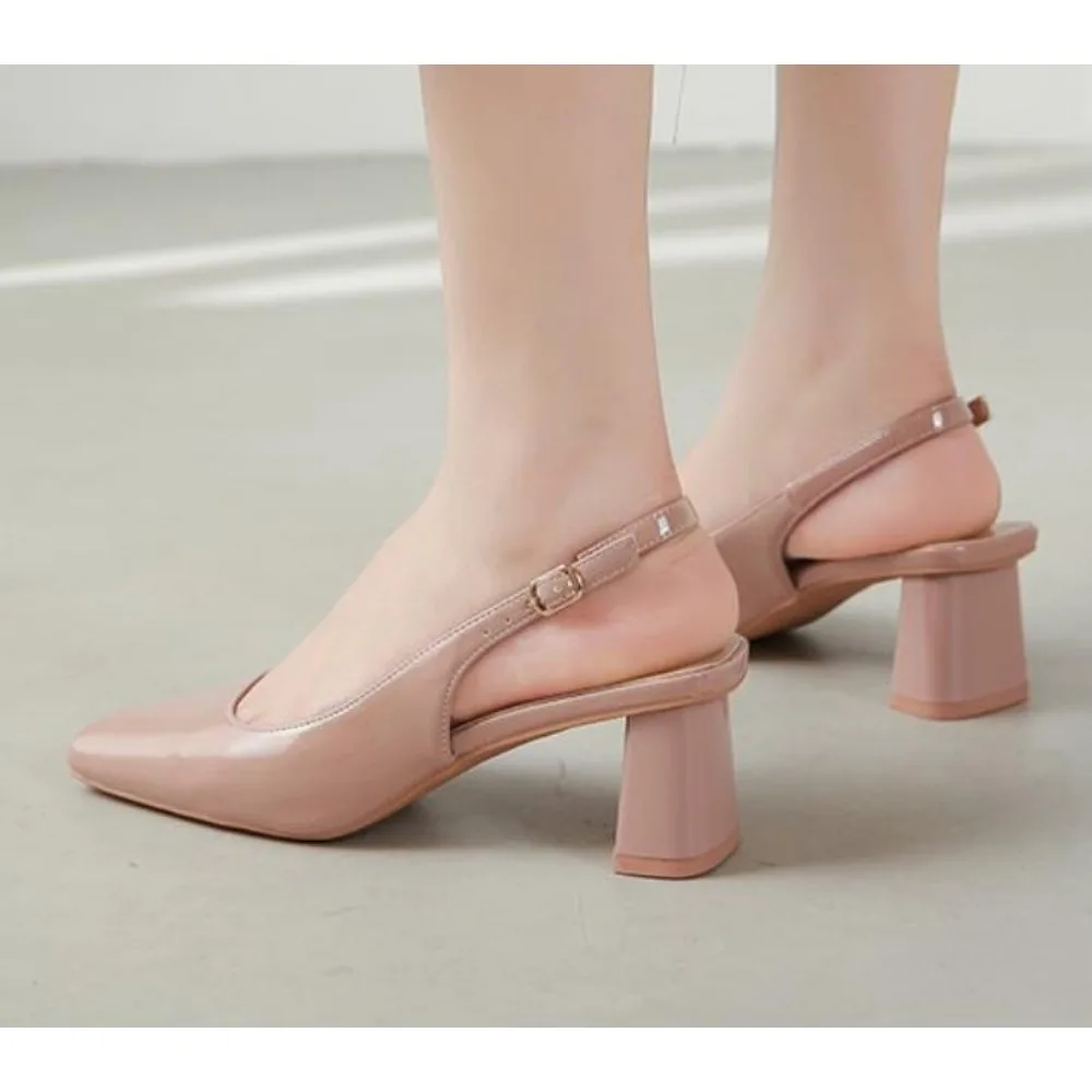 Meotina Women Slingbacks Pumps Square Toe Block Mid Heels Buckle Shallow Ladies Fashion Career Shoes Summer