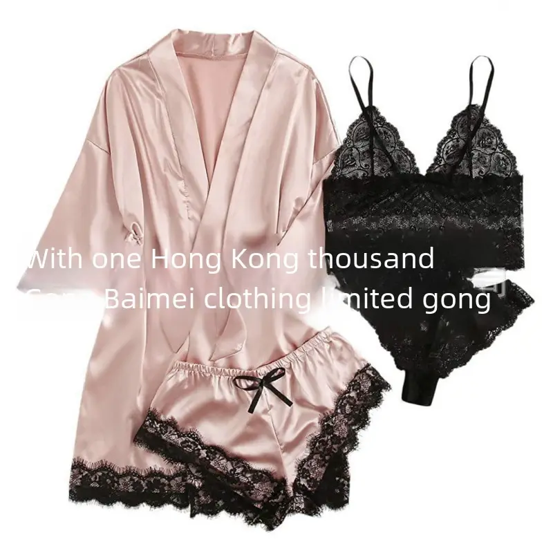 Women's Lace Trimmed Robe Set Sexy Chemise Nightgown Sleepwear 4 Piece Set Luxury Lingerie T1054