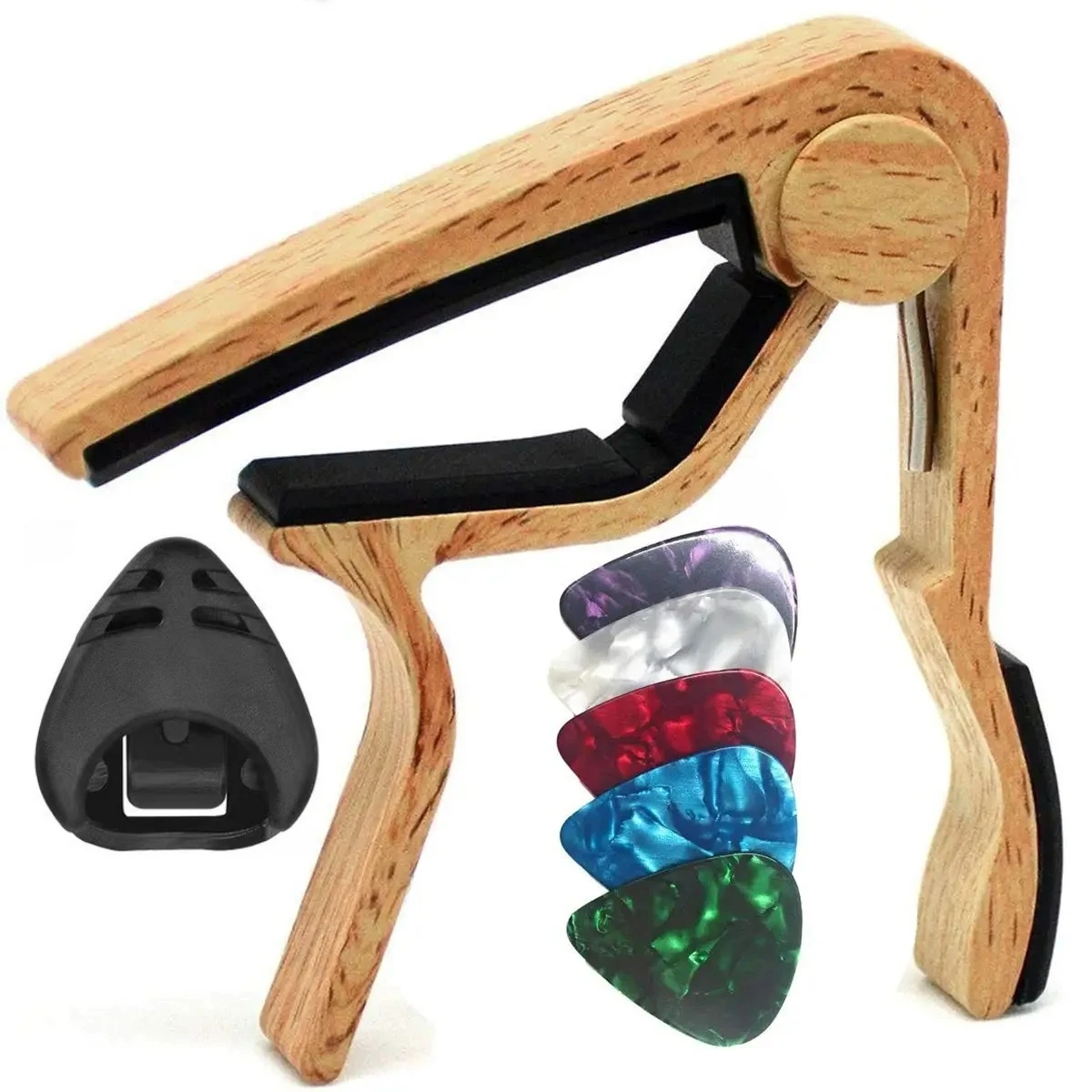 Guitar Capo Set with Picks and Holder - Black & Silver Finish