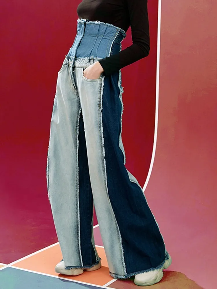 ECR Hit Color Patchwork Pocke Jeans For Women High Waist Spliced Raw Hem Loose Streetwear Wide Leg Denim Pants Female Fashion 
