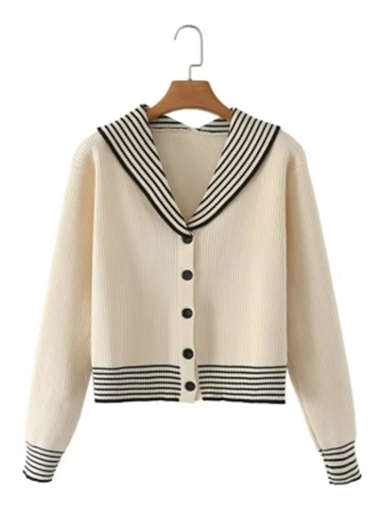 

UNUTH Girls Beige Striped Collar Knit Cardigans 2022 Autumn Fashion Ladies Naval Style Female Single-breasted Long Sleeves Tops