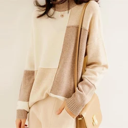 Women's Clothing Autumn Winter Casual Streetwear Color Block Knitted Sweater Korean Half High Collar Long Sleeve Pullover Tops