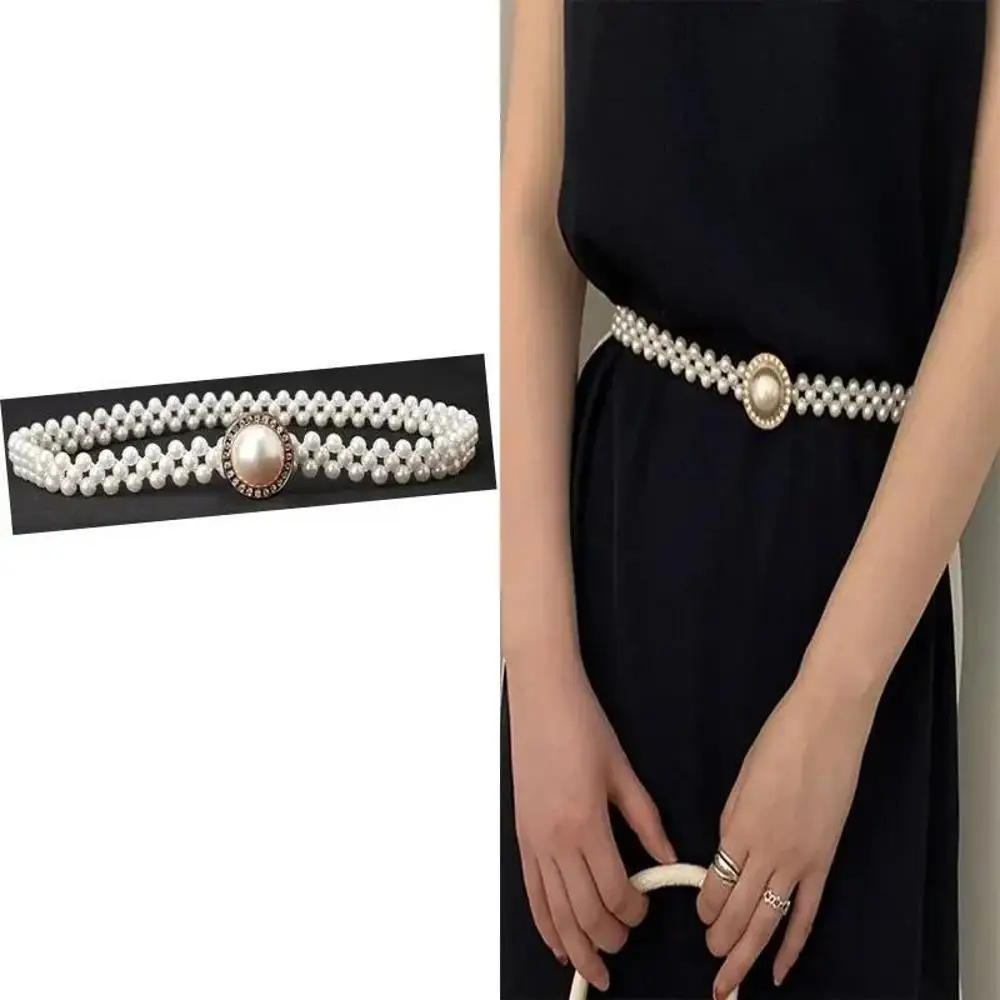 Women Elegant Dress Decoration Belt Thin Fashion Pearl Waist Chain With Skirt Simple Diamond Woven Pearl Belts Accessories