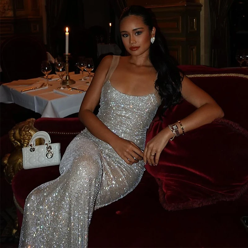 Women Sparkle Glitter Nightclub Sexy Party Dress Spaghetti Strap Summer Dress Midi Long Slim Bodycon Dresses Girls Dress