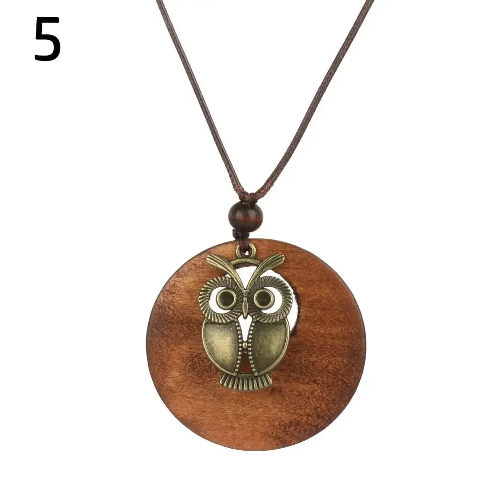 Vintage Wooden Pendant Necklace with Ethnic Chain and Clock Accent