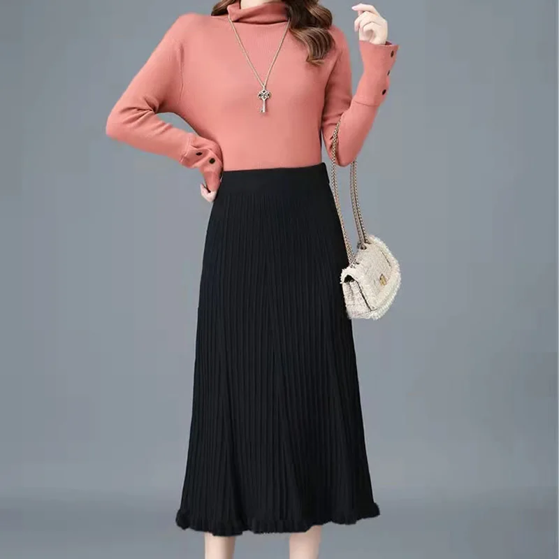 

OHRYIYIE Black Long Elegant Knitted Skirt Women Autumn Winter Slim High Waist Pleated Skirt Office Lady All Match Skirt Female