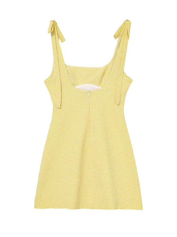 HH Women Yellow Plaid Mini Dress Bow Strap Backless Sleeveless Dresses Summer Back Zipper Slim Holiday Dress Vestidos
