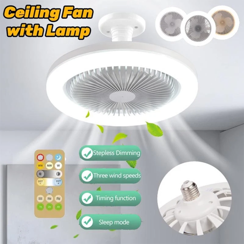 

30w Ceiling Fan with Lighting Lamp E27 Converter Base with Remote Control for Bedroom Living Home Silent