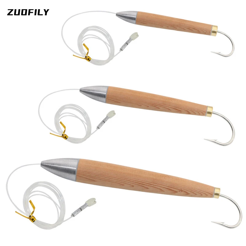 Sea Fishing Lures Baits 110mm/150mm/200mm Red Cedar Material Deep Sea Boat  Fishing Lead Head Wooden Fish with Fishing Line Hook - AliExpress