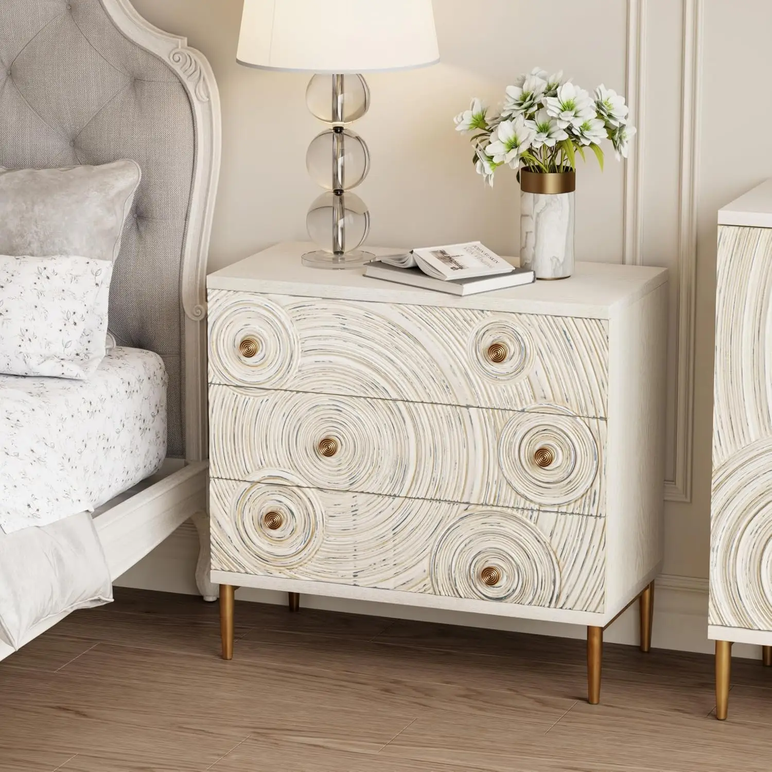 armhouse 3 Drawer Dresser with Ring Motif, Disstressed Embossed Nightstand for Bedroom, Entryway, French Country