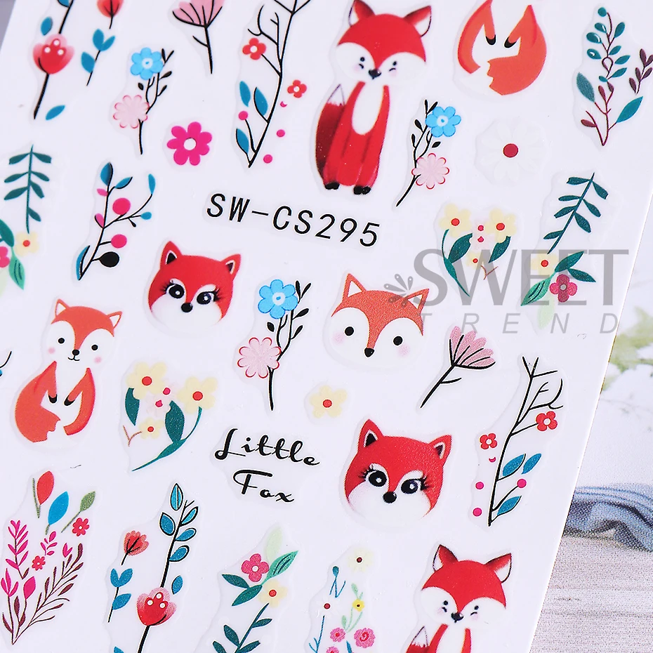 2pcs Cartoon Fox Nail Art Stickers Cute Fox Leaf Flower Nail Decals DIY Adhesive Slider Autumn Design Charms Manicure Decoration