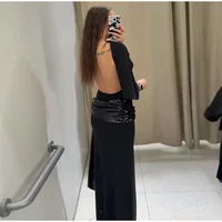 Women Backless Sequin Patchwork Maxi Dress Elegant Wide Sleeve Long Gowns Feminine New Fashion Evening Party Daily Robes - Image 2