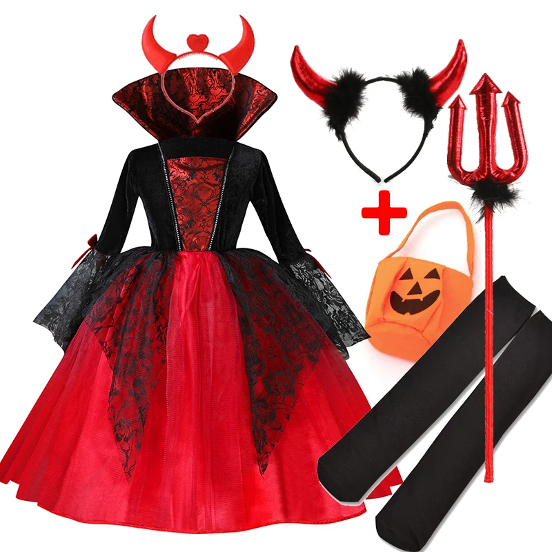 Girls Vampire Halloween Costume - Gothic Ghost Bride Carnival Dress in Black and Red
