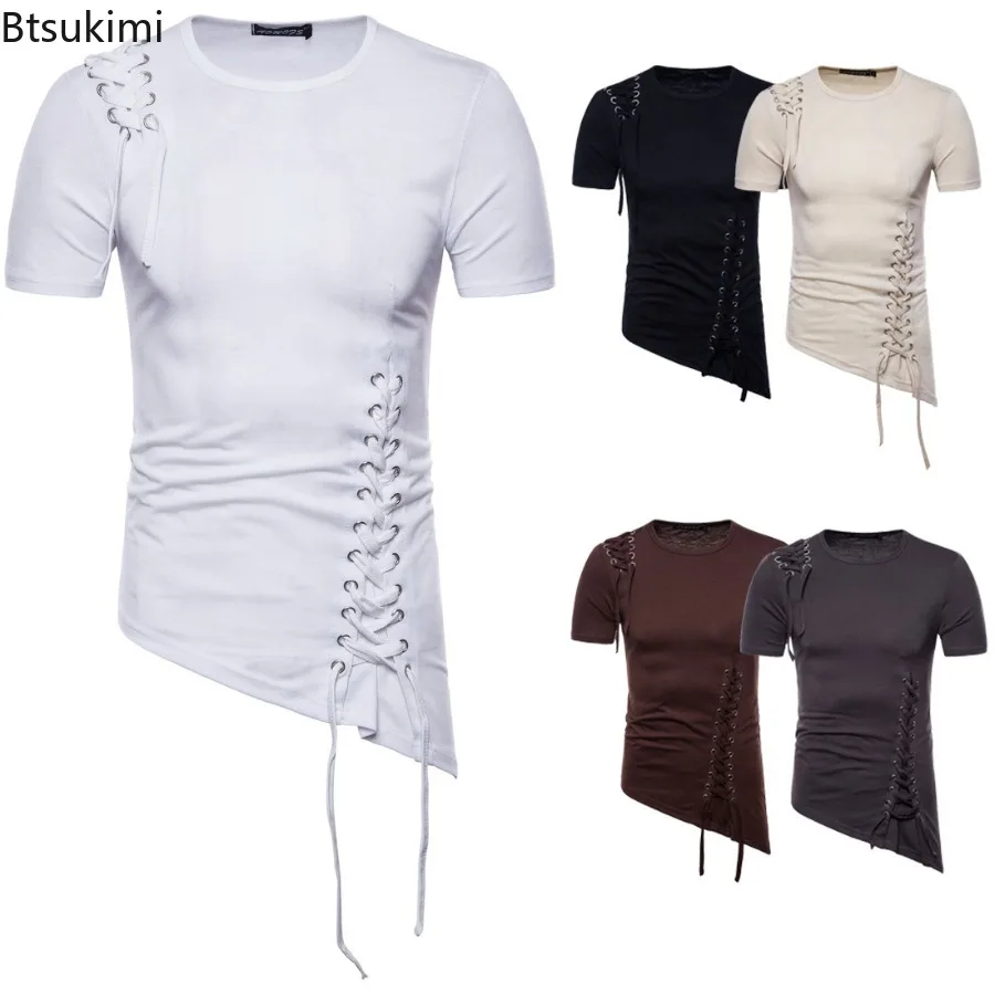 

New2024 Men's Summer Short Sleeve T-shirts Trend Irregular Design Lace Up Solid Slim Tees Fashion Gothic Style Casual Shirts Men