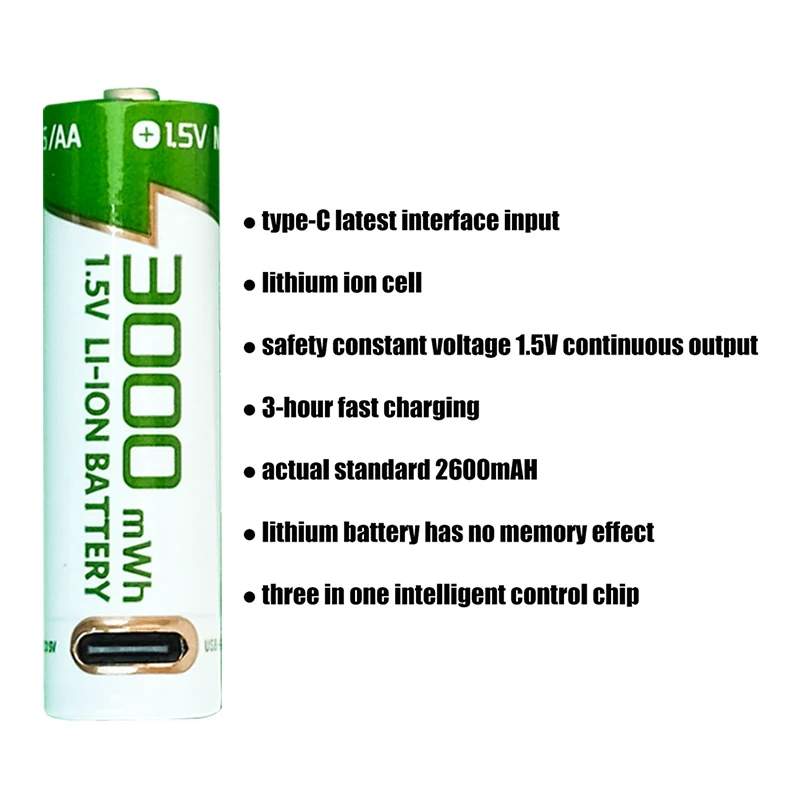 

New 1.5V AA battery Rechargeable lithium battery 3000mWh environment protection High quality batteries USBTYPE-C direct charging