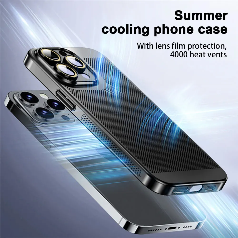 Фото Ультратонкий охлаждающий сетчатый чехол для телефона iPhone 15 14 13 12 11Promax XSMAX с защитой от отпечатков пальцев, чехол из поликарбоната со стеклянной пленкой для объектива №2