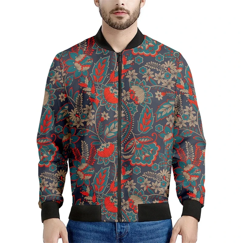 Spring Autumn Mens Bomber Jackets Floral 3D All Over Printing Zip