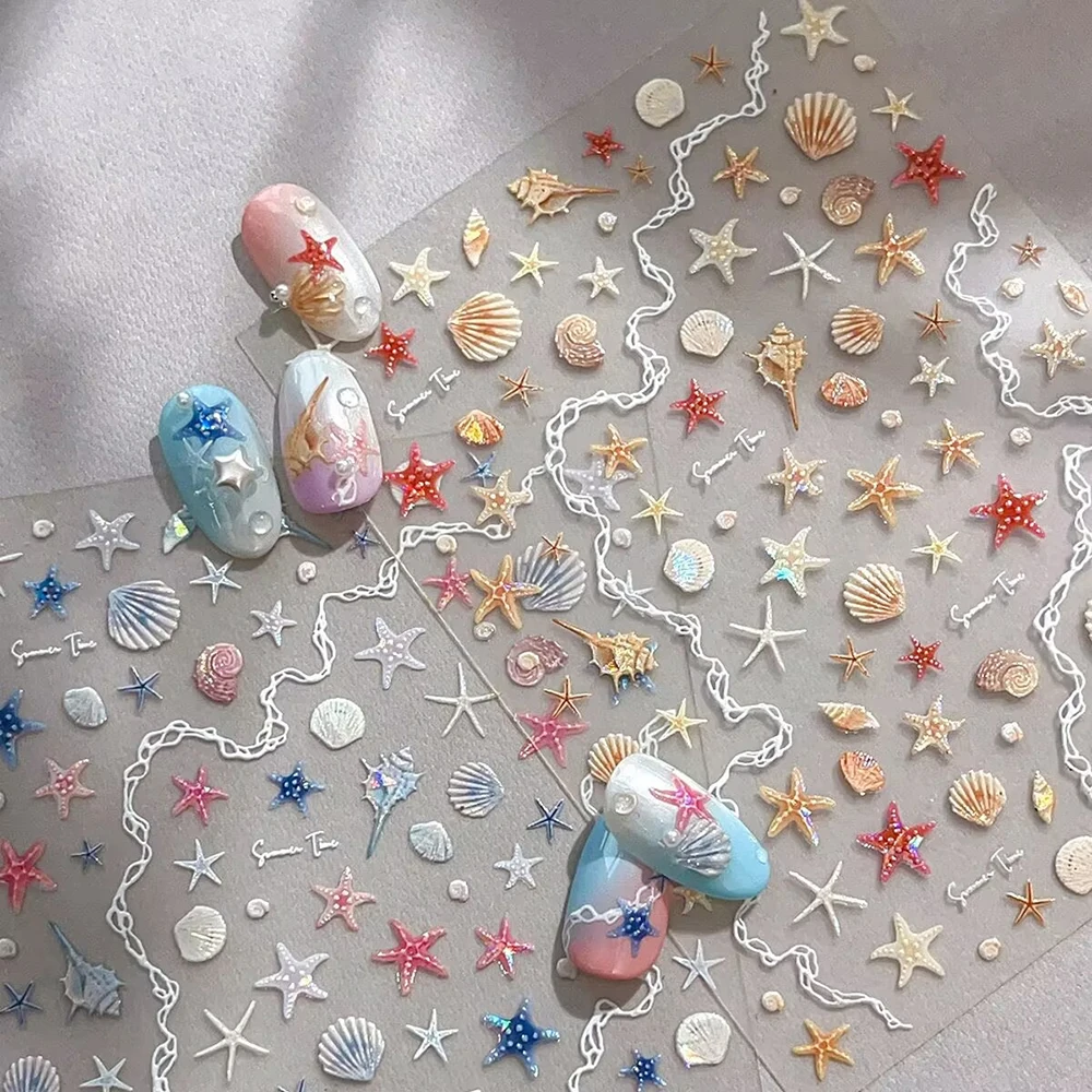 Sommer Meer Thema Nail art Aufkleber Glänzende Muscheln Seestern Meerjungfrau Muschel Strand Nagel Aufkleber 5D Geprägte Selbstklebende Slider