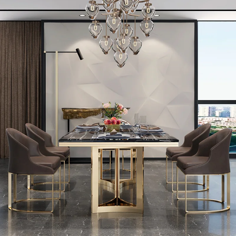 Dining Room Sets Stainless Steel Metal Marble Top Luxury Tables and Chairs Set for Apartment Customized