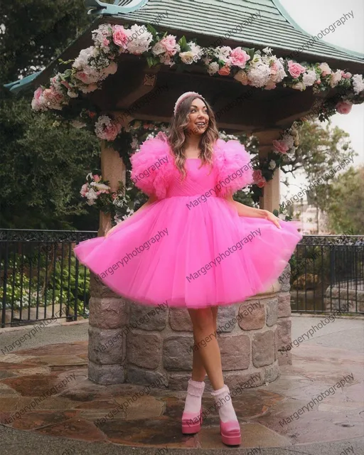 Vestido De fiesta corto De cumpleaños para mujer, tutú azul Extra hinchado,  volantes, manga corta, Túnica De noche, ropa Formal para niñas, Mini baile  De graduación