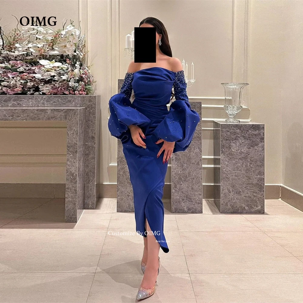 

OIMG Arabic Royal Blue Short Evening Dresses Off Shoulder Long Sleeves Pearls ormal Party Dress Night Prom Gown Robe de soiree