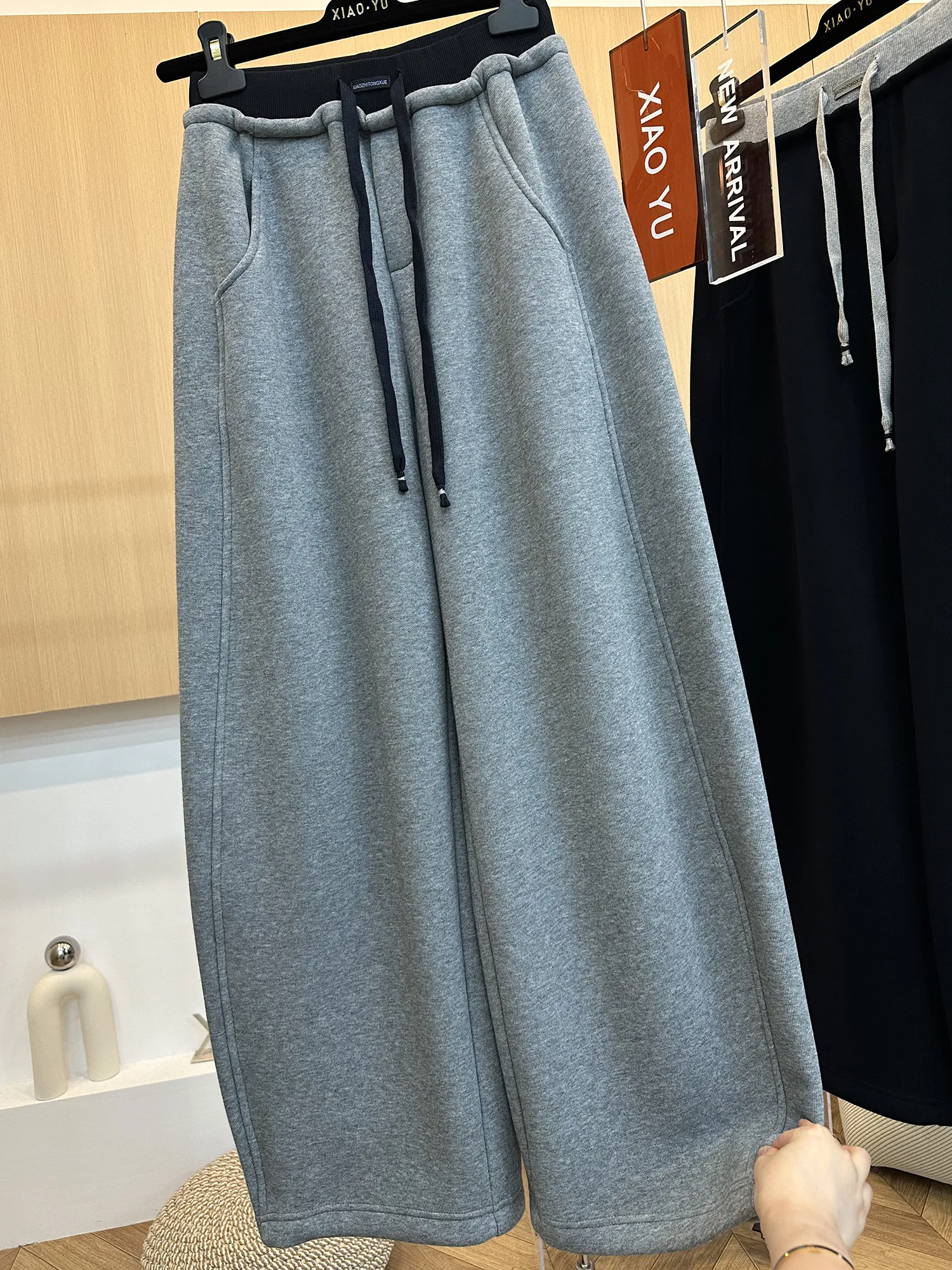 بنطلون نسائي واسع الساق بخصر مرتفع ورباط، تصميم مرقع مع حافة منحنية، مناسب للربيع والخريف، بنطلون رياضي كاجوال