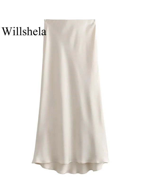 Willshela Black Satin Skirt Woman High Waist Elegant Long Skirts Midi Office...