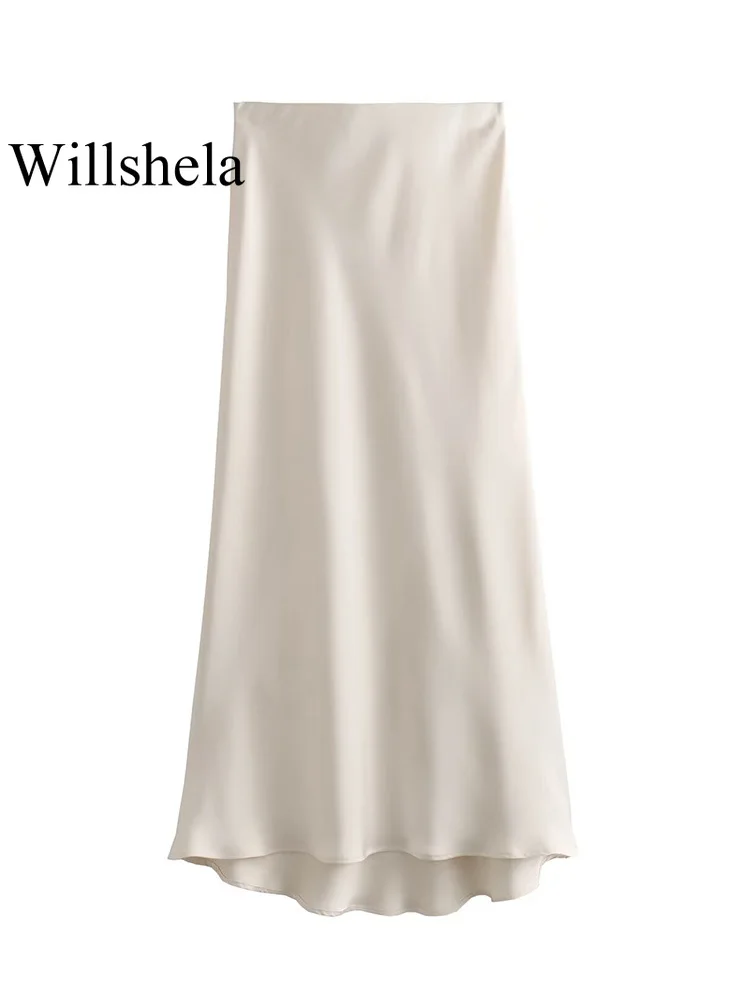 Willshela Women Fashion Satin Solid Pleated Midi Skirt Vintage Mid Elastic Waist Female Chic Lady Skirts 5