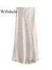 Willshela Women Fashion Satin Solid Pleated Midi Skirt Vintage Mid Elastic Waist Female Chic Lady Skirts 5