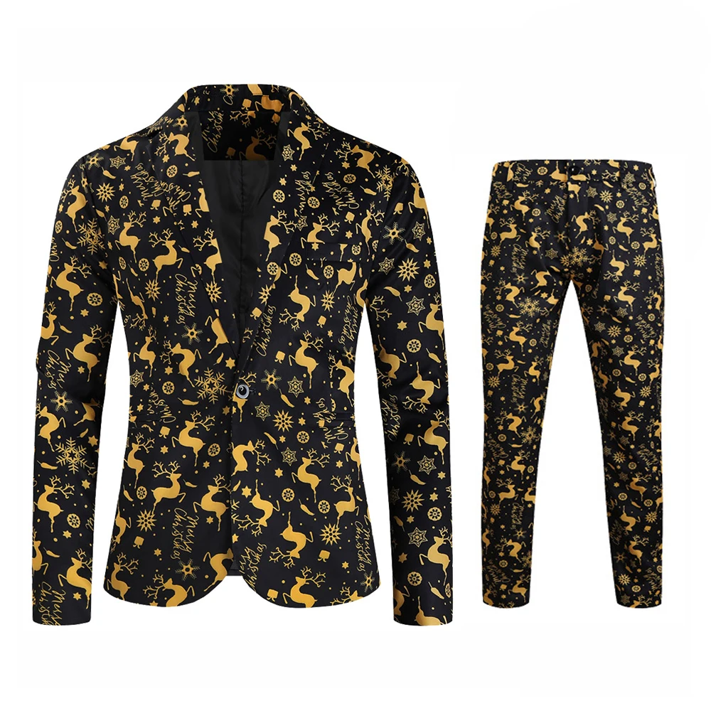 thumbnail image 1 of Traje navideño para hombre, 2 piezas, chaqueta de un botón, pantalones, blazer informal para hombre, conjunto con estampado divertido y feo de muñeco de nieve navideño, 1 of 5