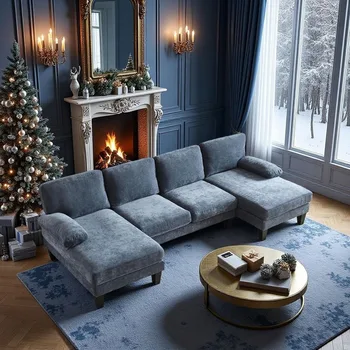 Ocean Blue 4-Seat U-Shaped Sectional Sofa with Double Chaise, Corduroy Fabric Living Room Furniture