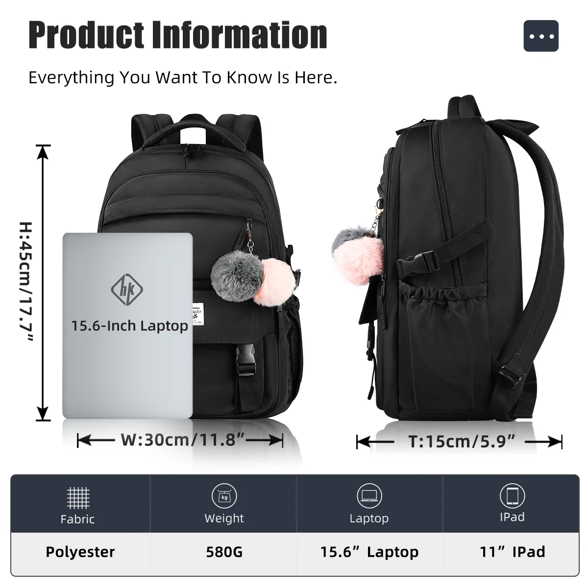 HK Large Capacity School Backpack Girls Bookbag for College Students Lightweight 15.6 inch Laptop Computer Backpack Notebook Bag 5