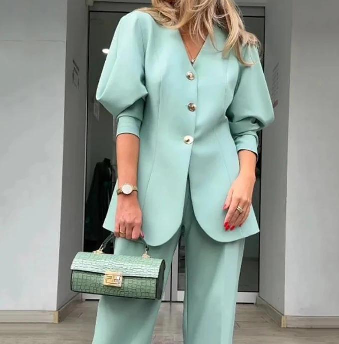 Pants Set Women 2 Piece Solid Color Lantern Sleeves Buttons Top Wide Foot Pants Casual Fashion Suit Temperament Elegant Pant Set