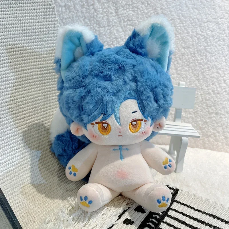 

20cm IDol Doll Plush Star Dolls Kawaii Blue Hair Boy with Ears and Big Tail Decorate Non-attribute Boy Naked Stuffed Toy Fans Co
