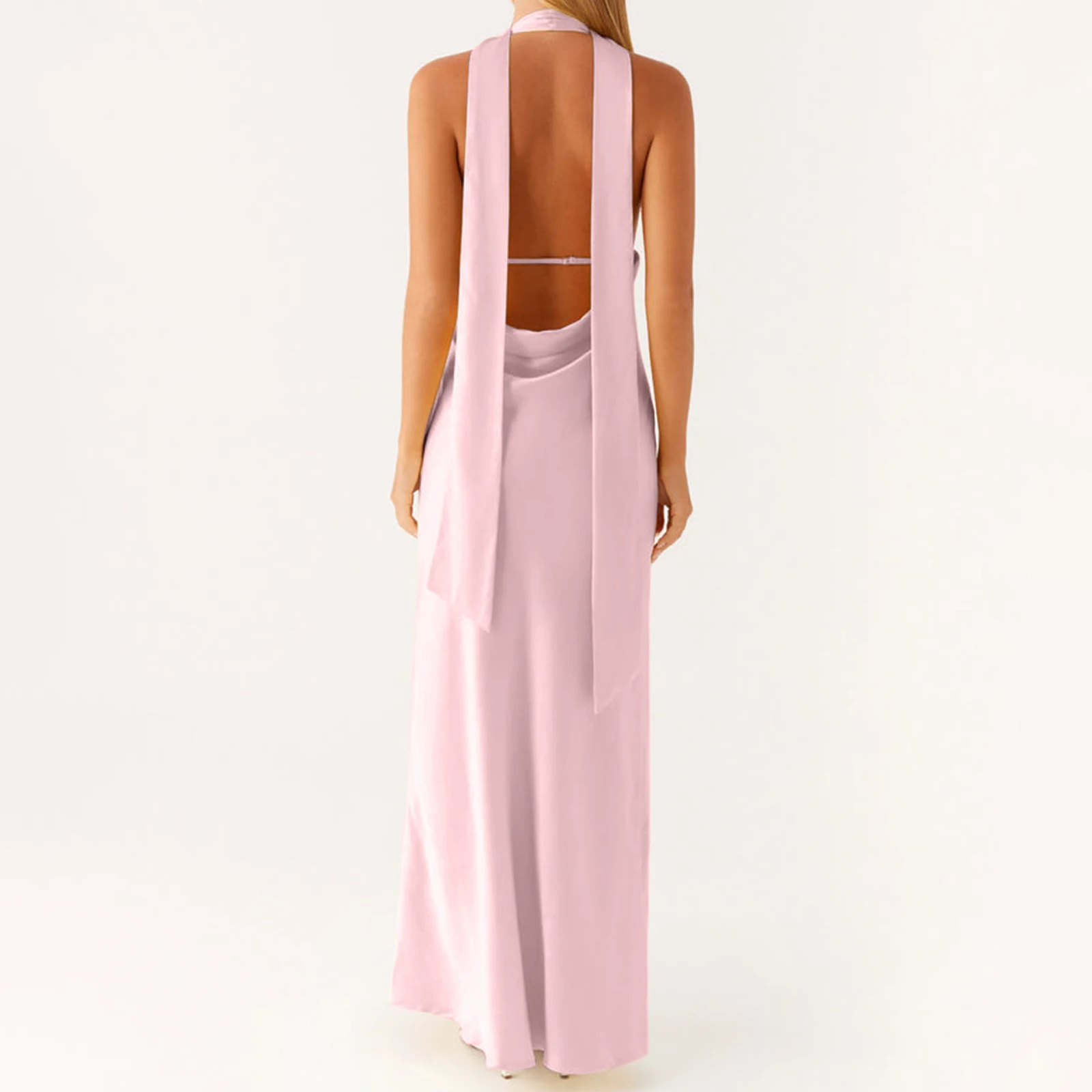 Women Summer 2025 Long Dresses Floral Print/Solid Color Halter Neck Backless V-Neck Sleeveless Dress for Party Club